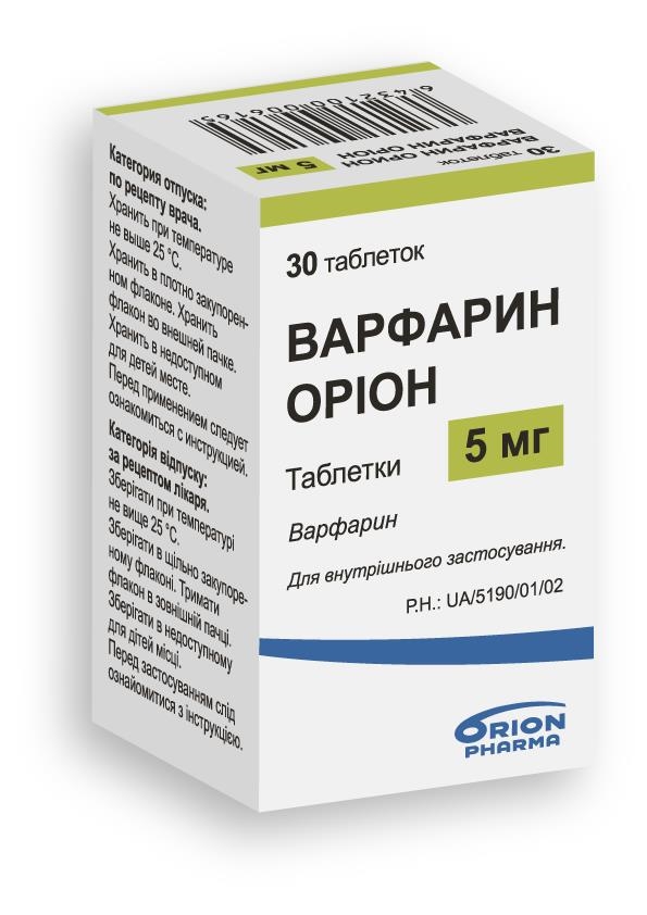 ВАРФАРИН ОРІОН таблетки по 5 мг, по 30 таблеток у флаконі з водопоглинаючою капсулою, по 1 флакону в картонній коробці